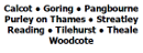 Calcot, Goring, Pangbourne, Purley on Thames, Streatley, Reading, Tiilehurst, Theale, Woodcote